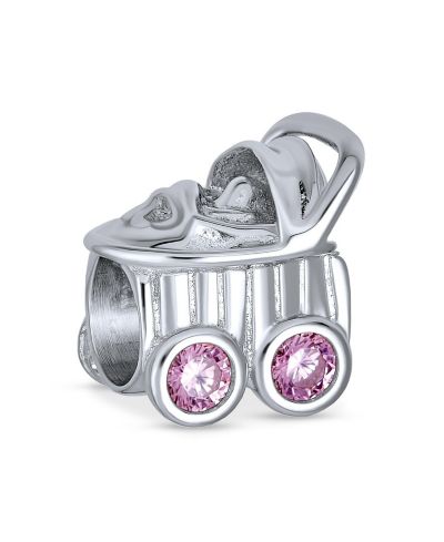 Bling Jewelry Pink CZ Stroller Carriage Charm Bead for Bracelet .925 Sterling Silver