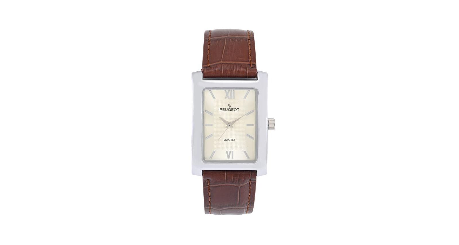 Peugeot Men's 30X40mm Silver Tank Shape Watch with Textured Dial Brown Leather Strap