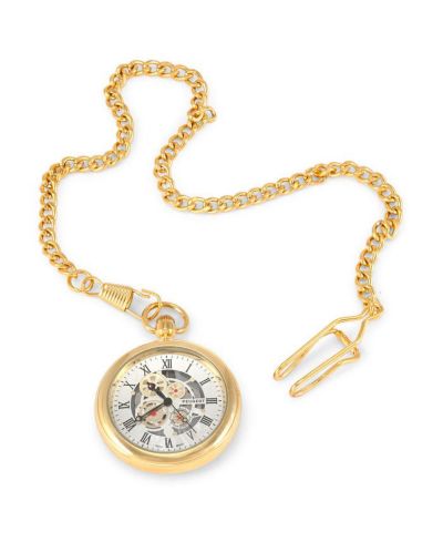 Peugeot Men's 14K Gold Plated Deco Skeleton Dial Vintage Pocket Watch with Clip-On Chain