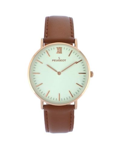 Peugeot Мужские часы с кожаным ремешком, 40mm Rose-Gold Super Slim Case
