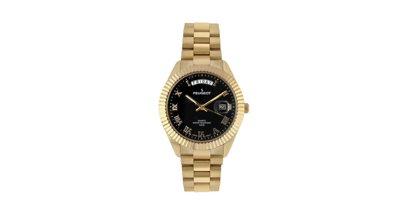 Peugeot Men's 40mm Black Face Fluted Bezel Gold Bracelet Watch