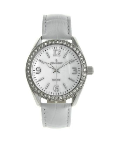Peugeot Женские белые часы 40mm Bold Crystal Bezel с кожаным ремешком