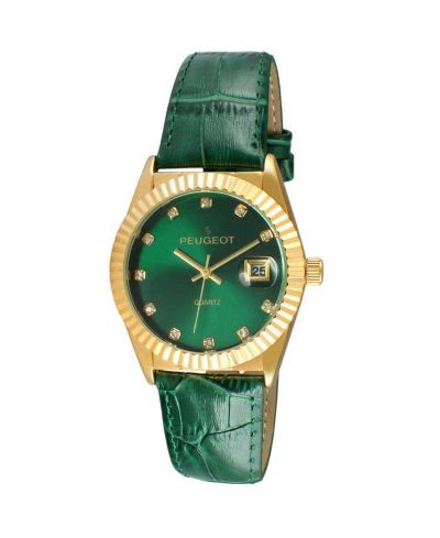 Peugeot Женские часы Green 36mm Fluted Bezel с кожаным ремешком