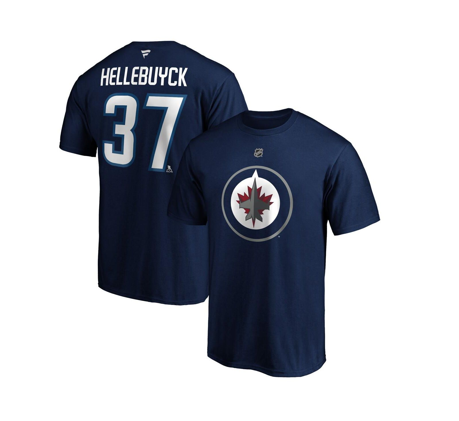 Мужская футболка Fanatics Navy Connor Hellebuyck Winnipeg Jets Authentic Stack Name & Number