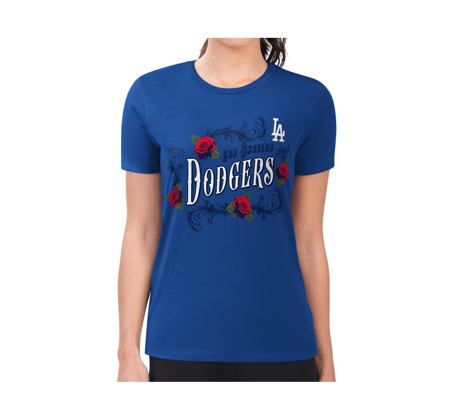 G-III 4Her by Carl Banks Women's Royal Los Angeles Dodgers Retro Roses Fitted T-Shirt