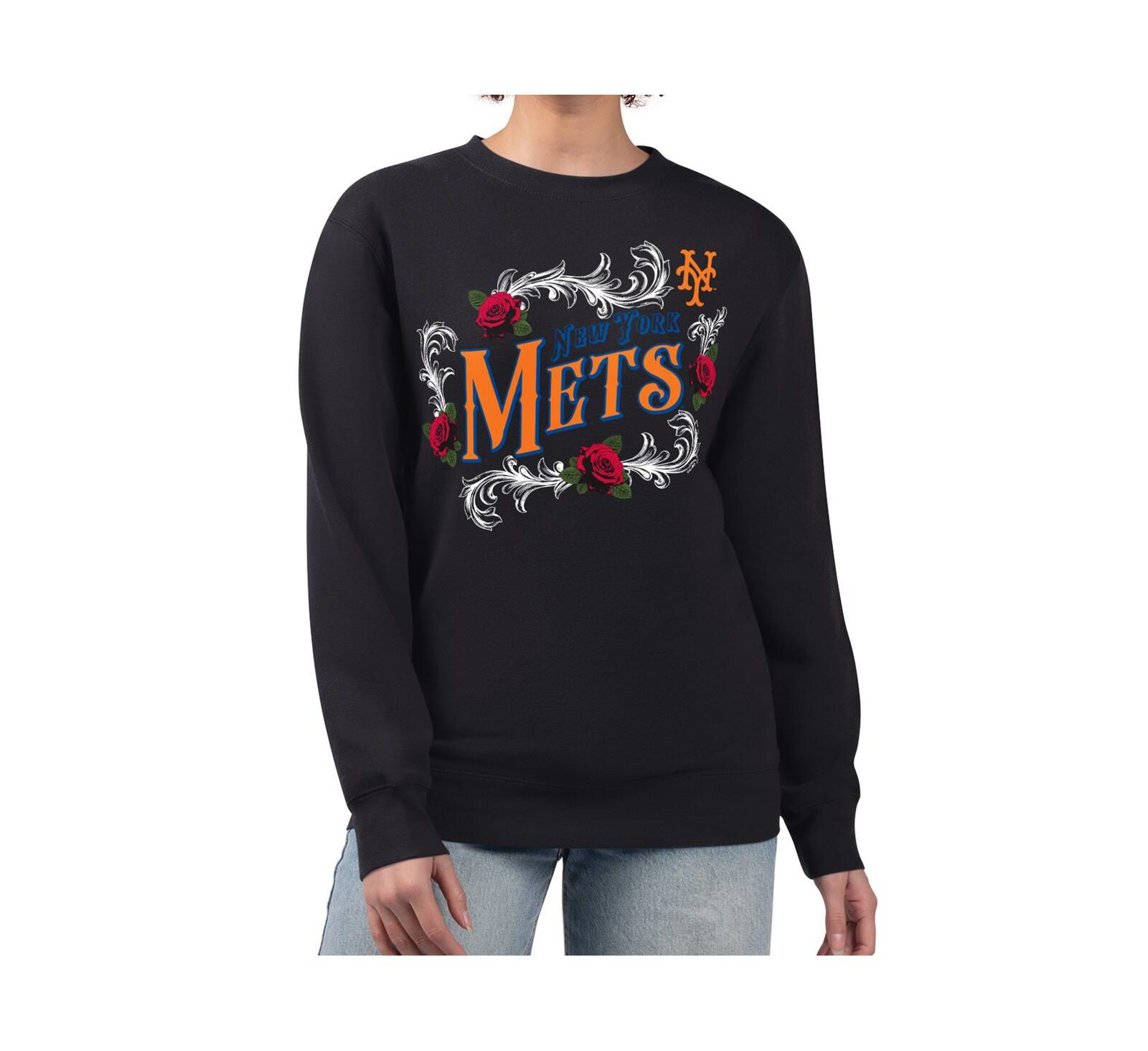 G-III 4Her by Carl Banks Women's Black New York Mets Retro Roses Fleece Pullover Sweatshirt