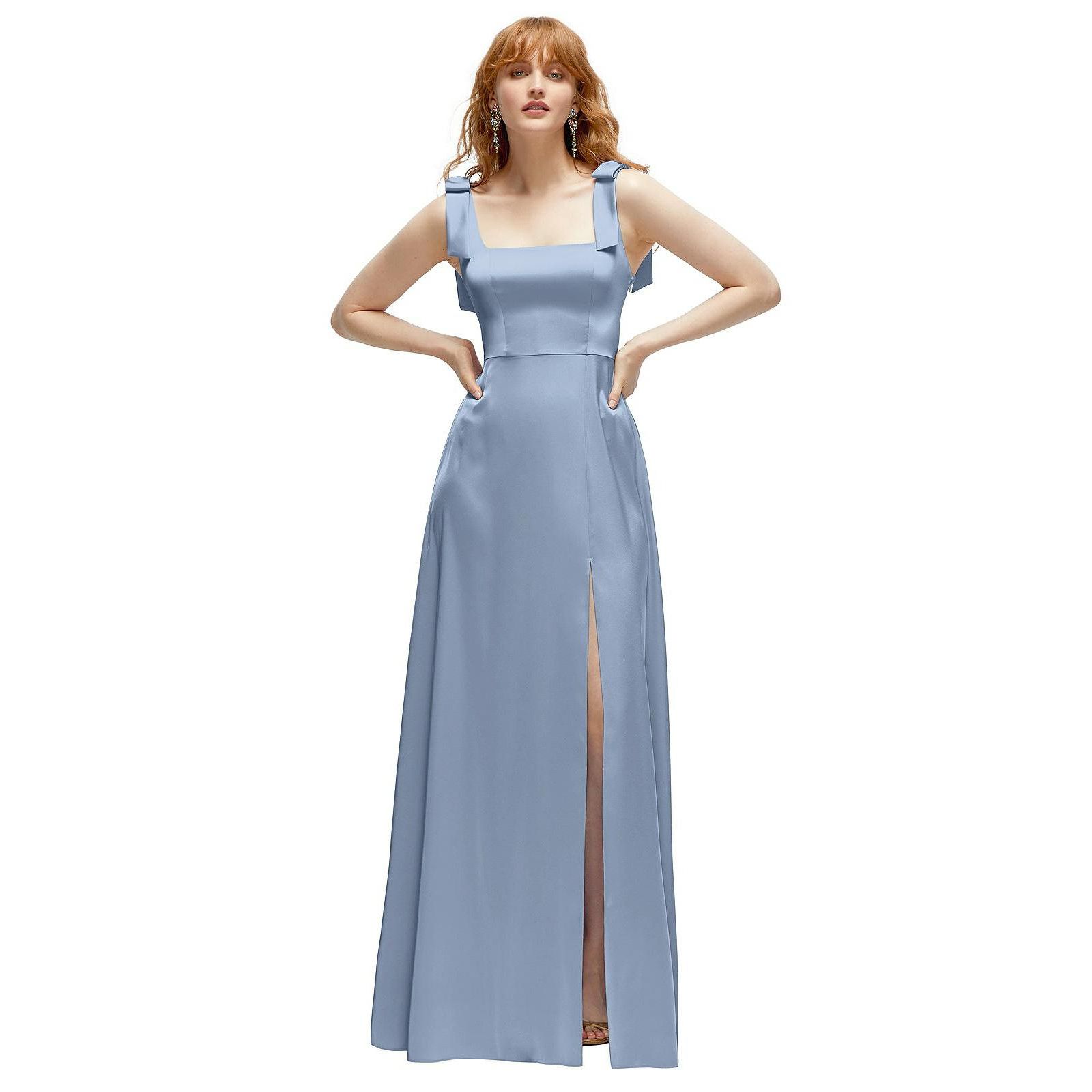 After Six Women's Square Neck Fluid Satin Maxi Dress with Bow Straps