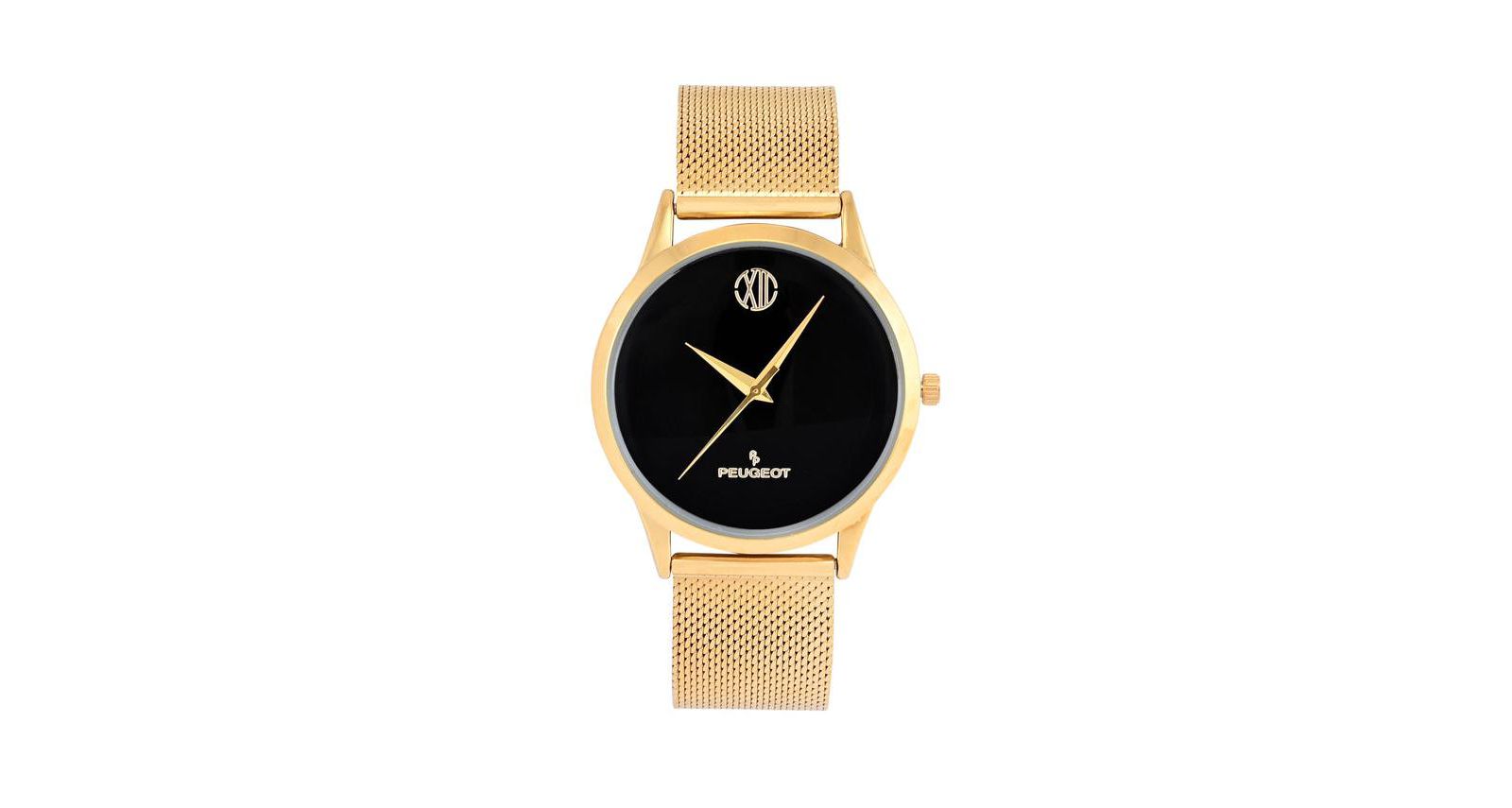 Peugeot Men's 40mm Wafer Slim Black Dial Gold Plated Case Watch with Mesh Band