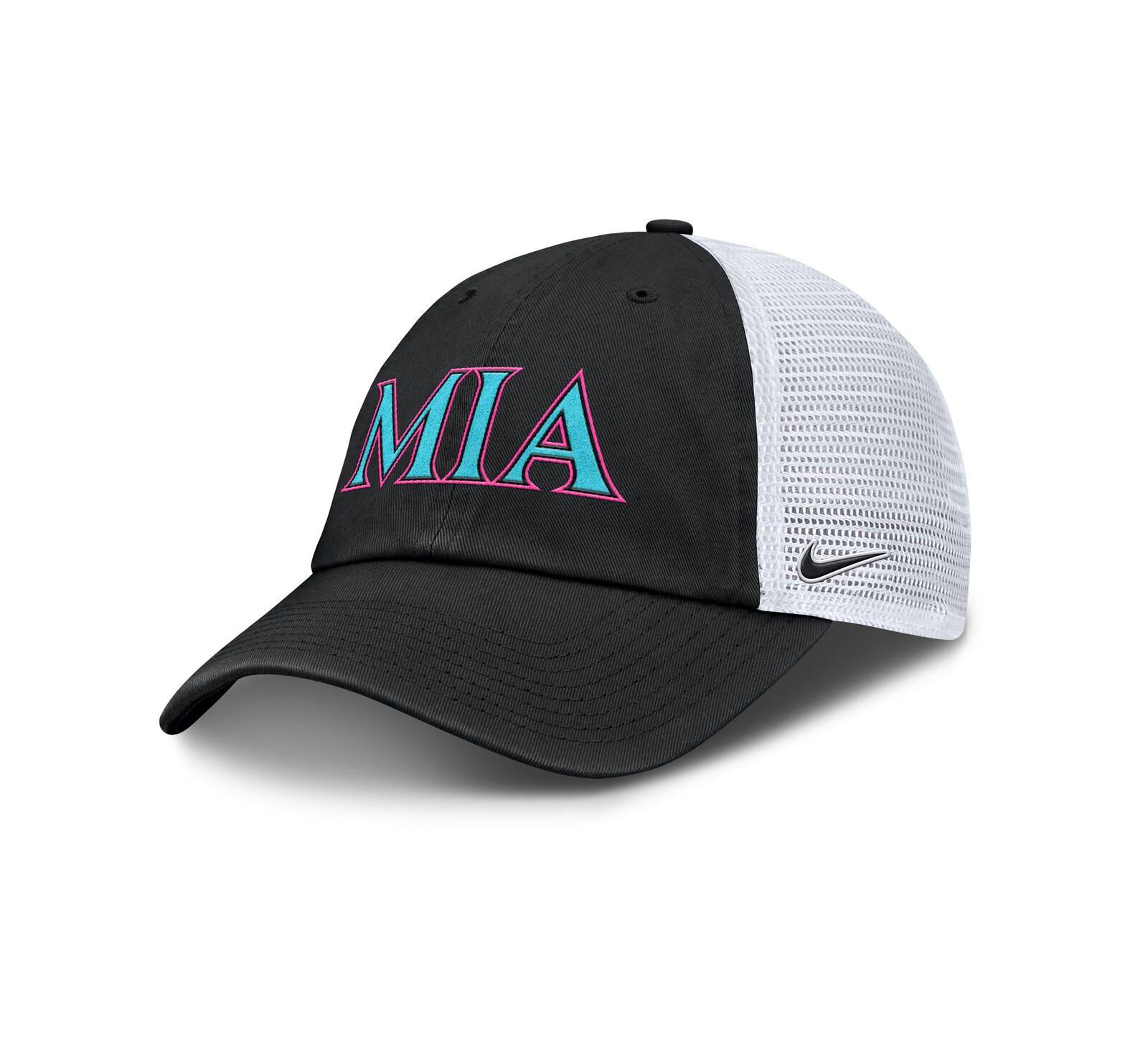 Мужская и женская кепка Nike Black/White Miami Marlins 2025 City Connect Trucker Adjustable