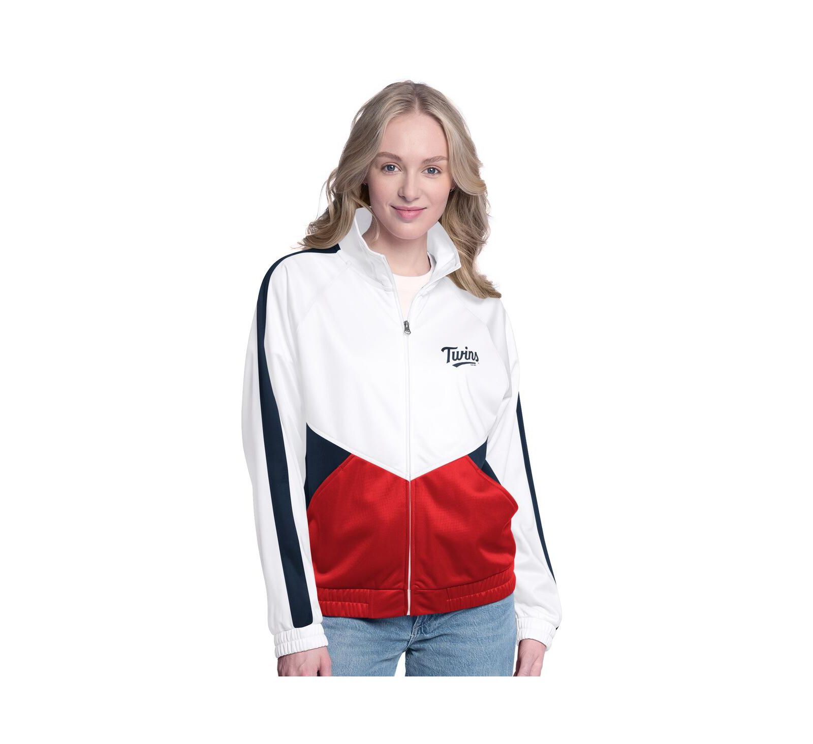 G-III Sports by Carl Banks Women's White/Navy Minnesota Twins Rally Rhinestone Raglan Full-Zip Track Jacket