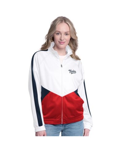 G-III Sports by Carl Banks Women's White/Navy Minnesota Twins Rally Rhinestone Raglan Full-Zip Track Jacket