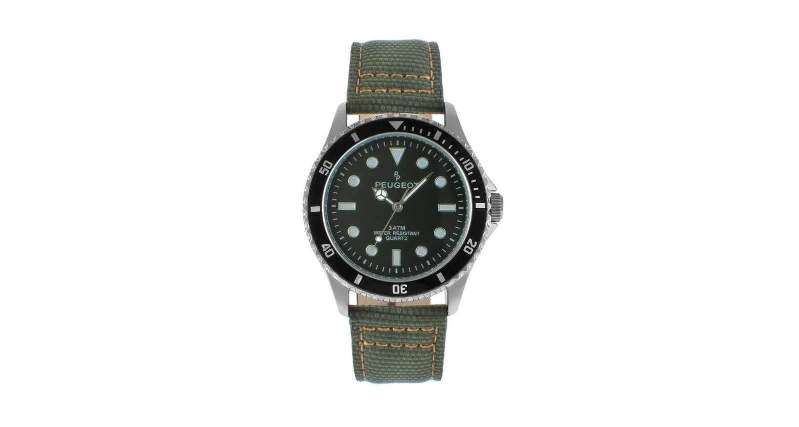 Peugeot Men's 42mm Sport Bezel Watch with Khaki Green Dial and Canvas Strap