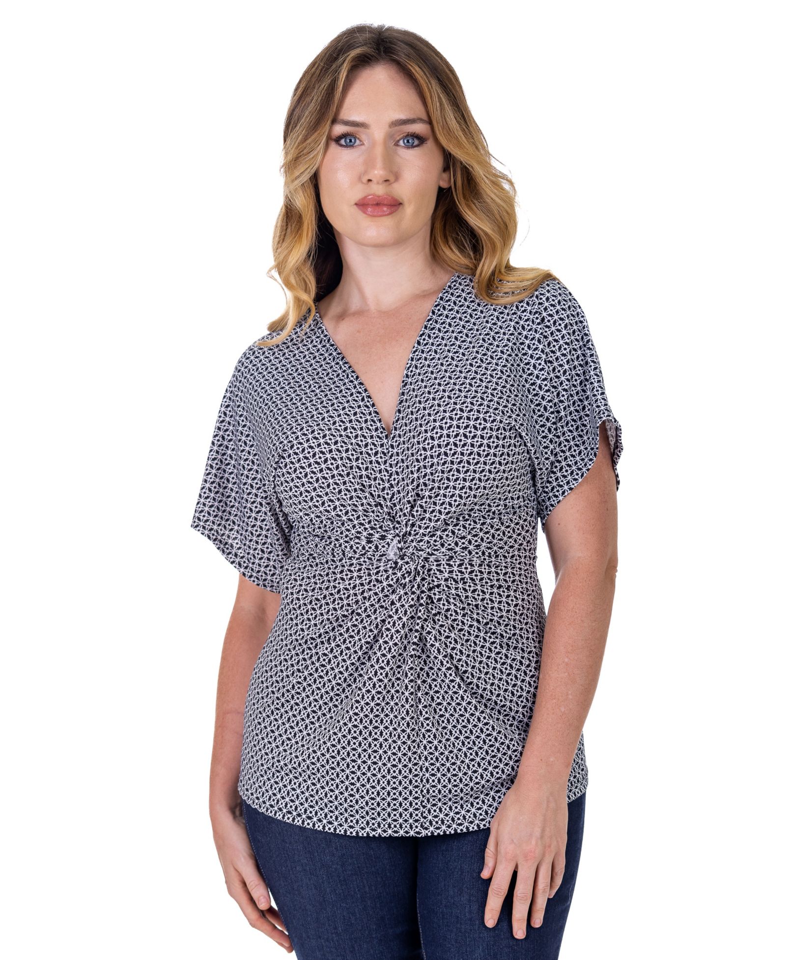 Топ 24seven Comfort Apparel Petite V-Neck Geometric Print Kimono Sleeve