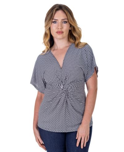 Топ 24seven Comfort Apparel Petite V-Neck Geometric Print Kimono Sleeve