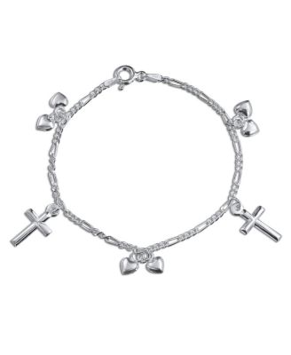 Bling Jewelry Religious Dangling Hearts Cross Charm Bracelet .925 Sterling Silver 7 Inch