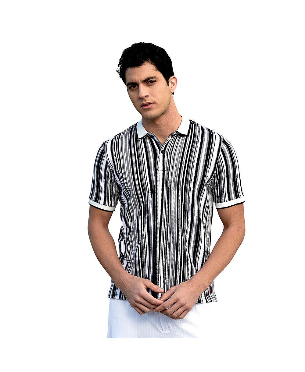 Campus Sutra Men's Cream White and Midnight Black Multitrack Knit Polo T-Shirt