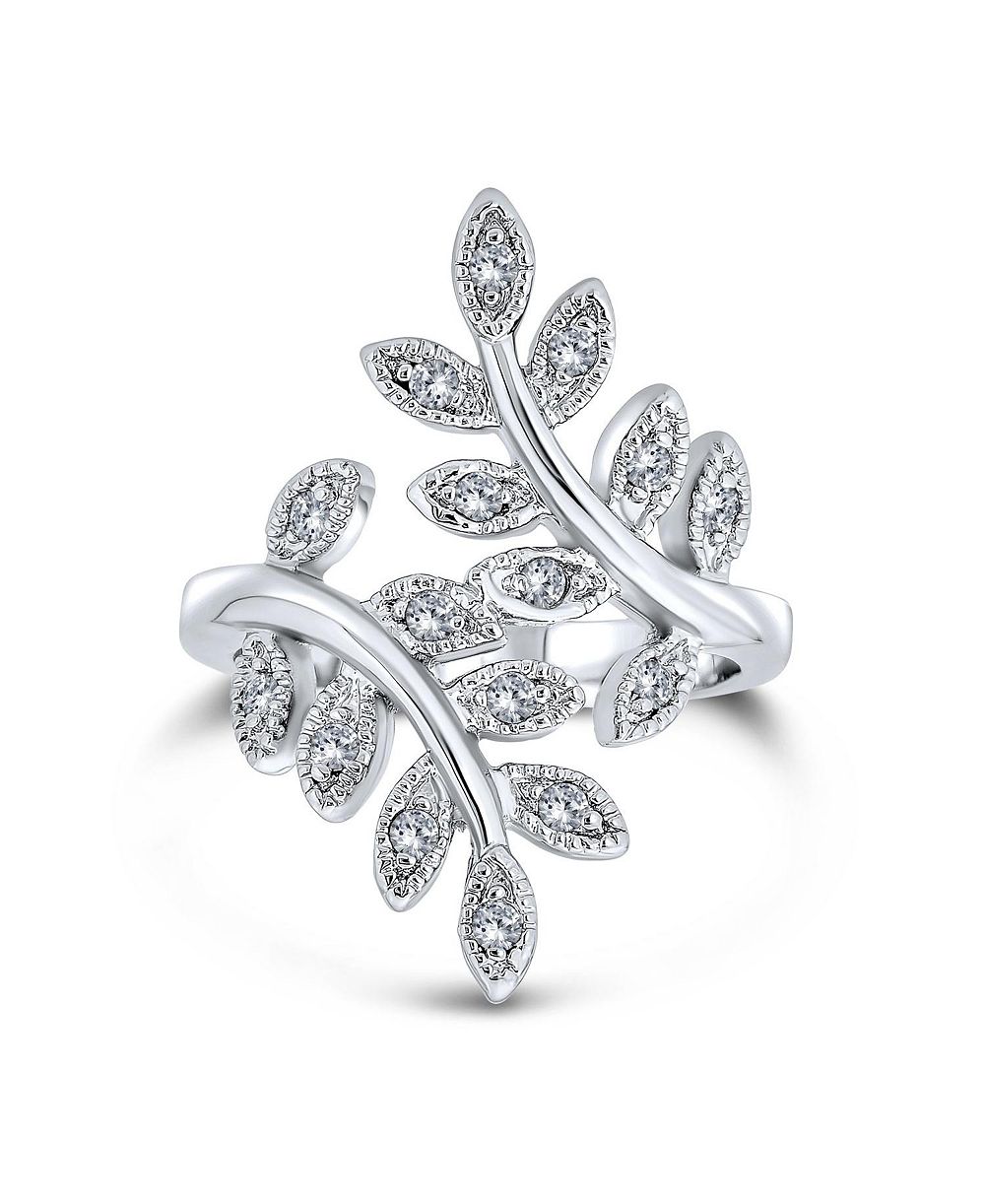 Bling Jewelry Nature Leaves Leaf Statement Ring Bypass Band Pave CZ Silver Plated