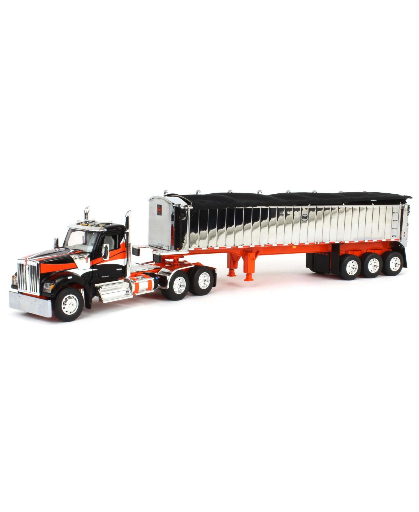 Модель машинная First Gear DCP 1/64 Black and Orange Kenworth W990 с прицепом MAC Coal End Dump