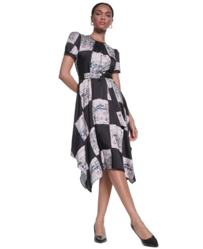 KARL LAGERFELD PARIS Women's Scarf-Print Handkerchief-Hem Midi Dress