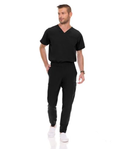 Medichic Men's Men Scrubs Set - Stretch V-Neck Scrub Top with 7-Pocket Pants Workwear Wine Large