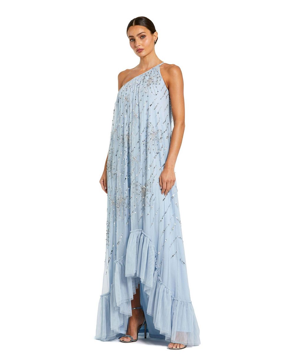 Mac Duggal женское платье-макси с асимметричным подолом и бантом из сетки на одно плечо