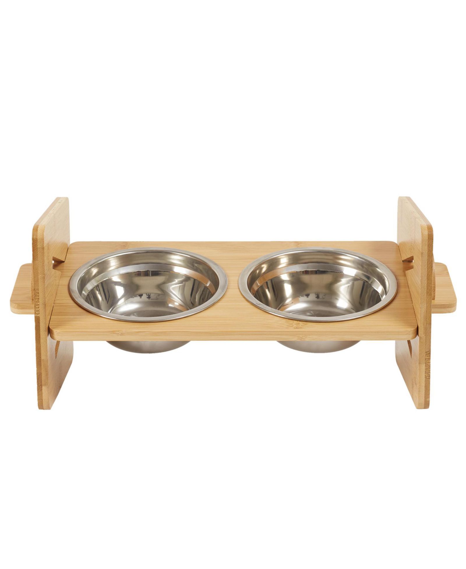 BINGOPAW Adjustable Dual Cat Bowl Bamboo Elevated Stand Steel Pet Feeder Bowls