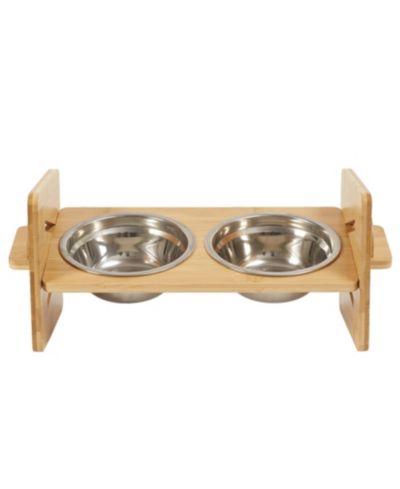 BINGOPAW Adjustable Dual Cat Bowl Bamboo Elevated Stand Steel Pet Feeder Bowls