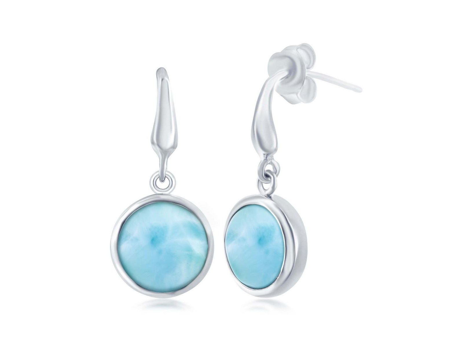 Sterling Bezel-set Round Larimar Dangle Earrings