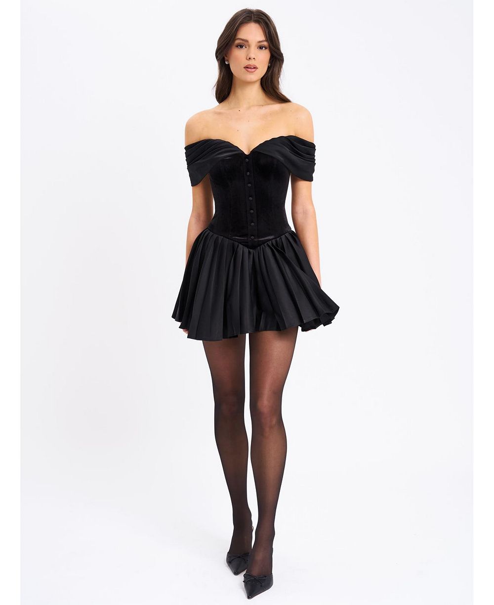 Женское мини-платье Miss Circle Echo Black Velvet с открытыми плечами и плиссировкой