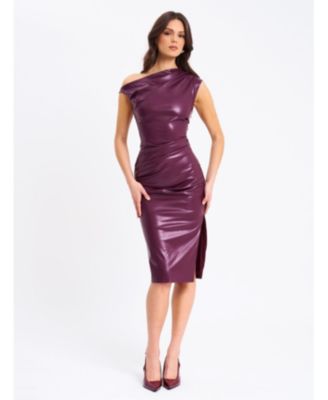 Miss Circle Women's Sabina Purple Leather Slash Neck Midi Dress