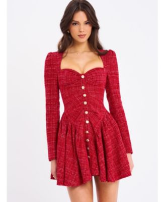 Miss Circle Women's Tae Red Tweed Long Sleeve Drop Waist Mini Dress