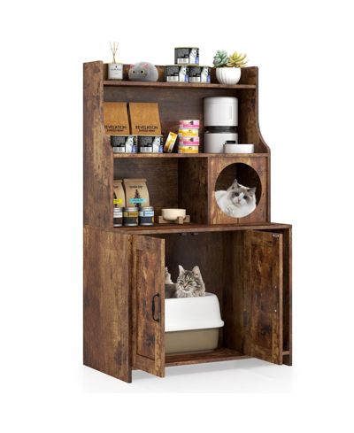 Wooden Cat Litter Box Furniture Enclosure with Storage Shelves, Modern Design-Brown