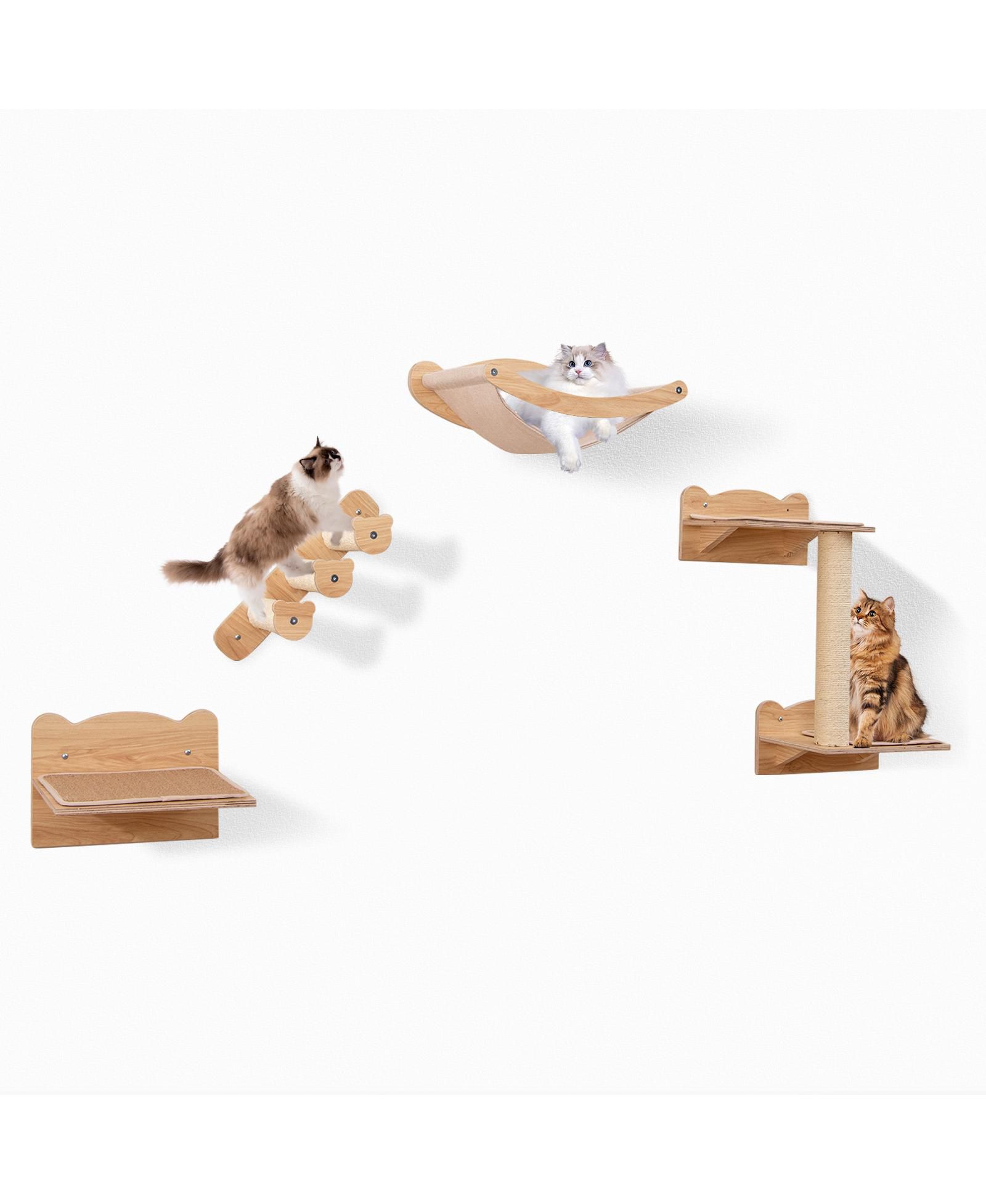 Wall Mounted Cat Furniture Set of 4 with Hammock, Steps and Perch Climbing System-Light Brown