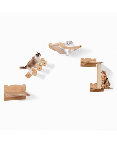 Wall Mounted Cat Furniture Set of 4 with Hammock, Steps and Perch Climbing System-Light Brown