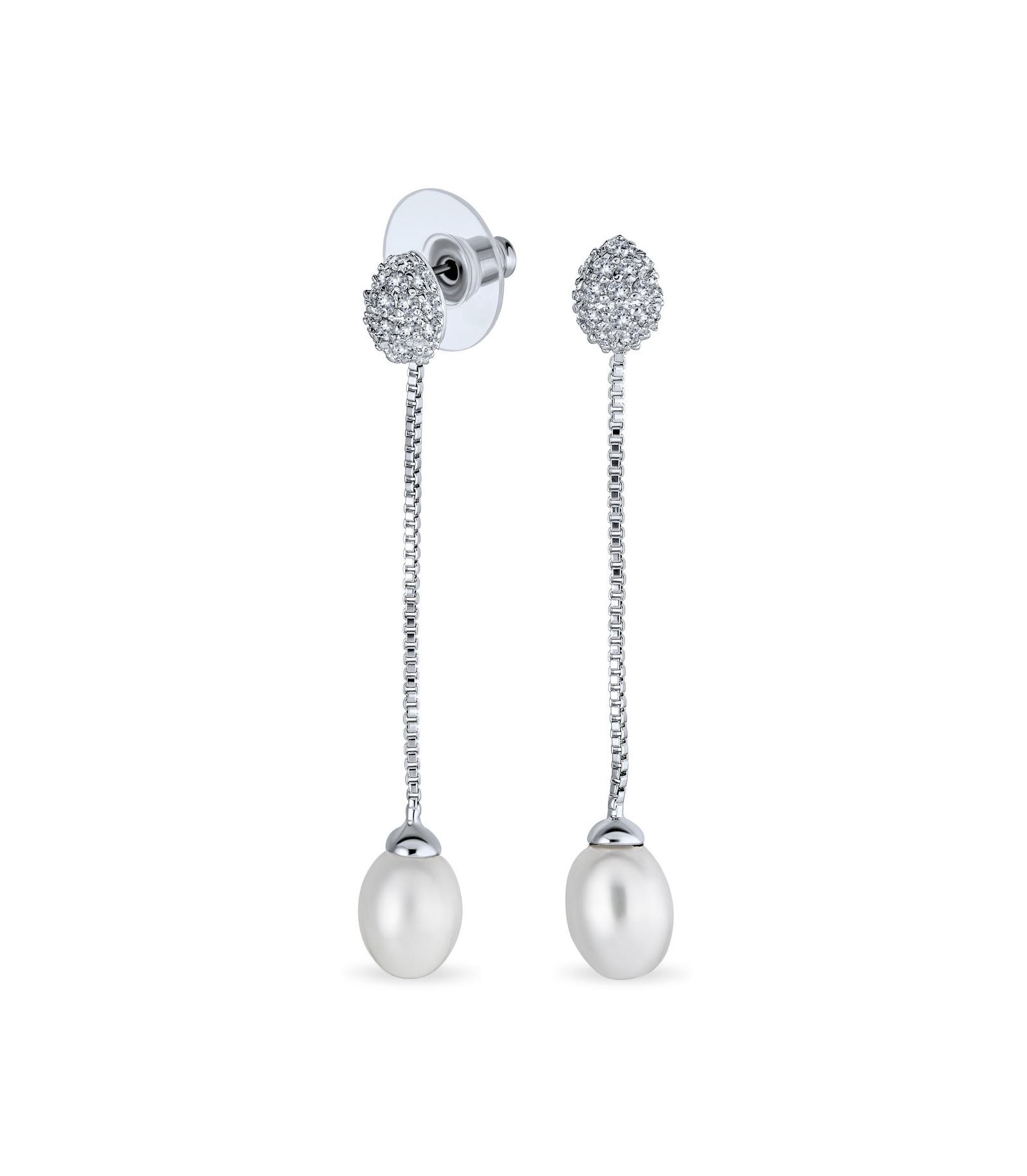 Серьги Bling Jewelry Bridal CZ White Freshwater Cultured Pearl Long Chain Dangling, с родиевым покрытием
