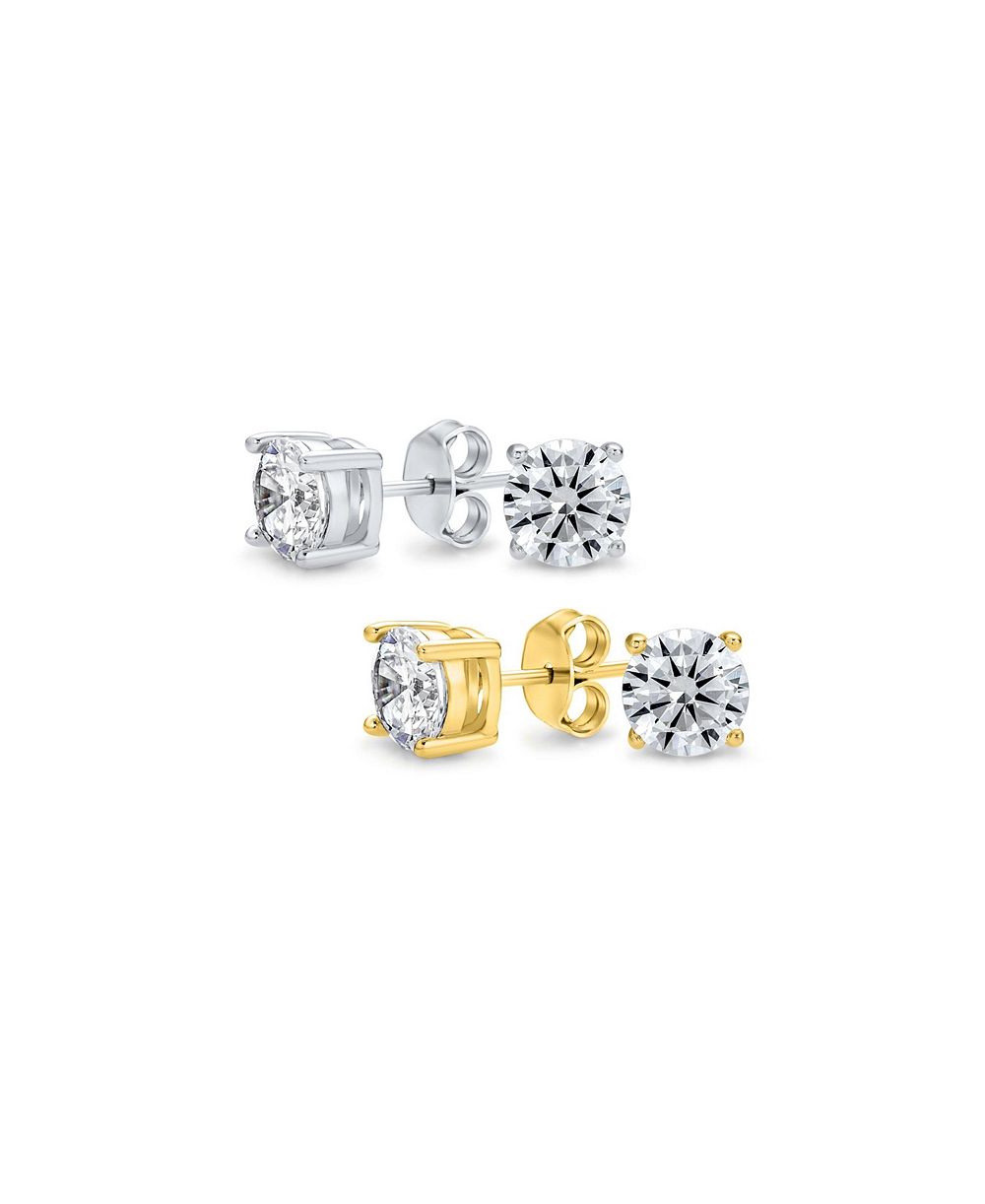 Серьги Bling Jewelry Round Solitaire CZ Cubic Zirconia Gold Plated .925 Sterling Silver 5-10MM, 2 шт.