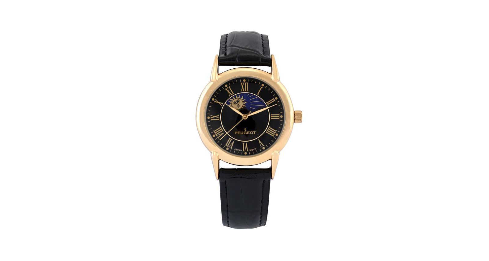 Peugeot Men's 40mm Vintage Black Dial Sun Moon Black Leather Strap Watch