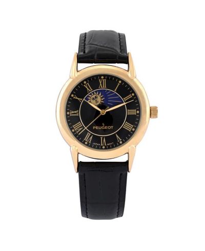 Мужские наручные часы Peugeot 40mm Vintage Black Dial Sun Moon Black Leather Strap