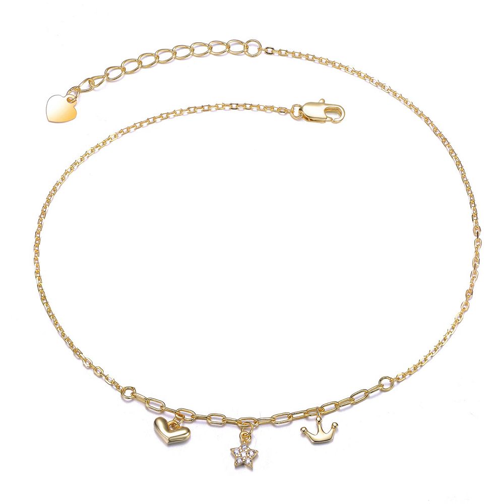 Plated with Clear Cubic Zirconia Heart, Star, & Crown Charm Anklet