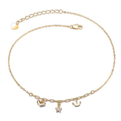 Plated with Clear Cubic Zirconia Heart, Star, & Crown Charm Anklet