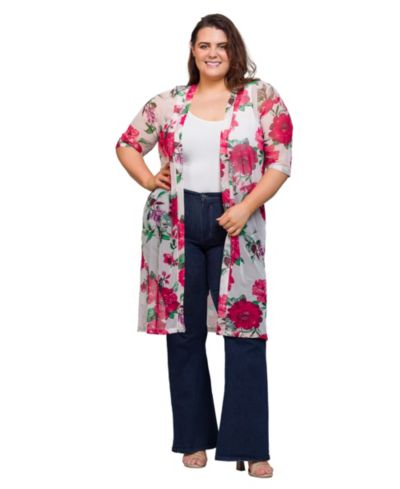 24seven Comfort Apparel Plus Size Sheer Floral Knee Length Duster Cardigan Sweater