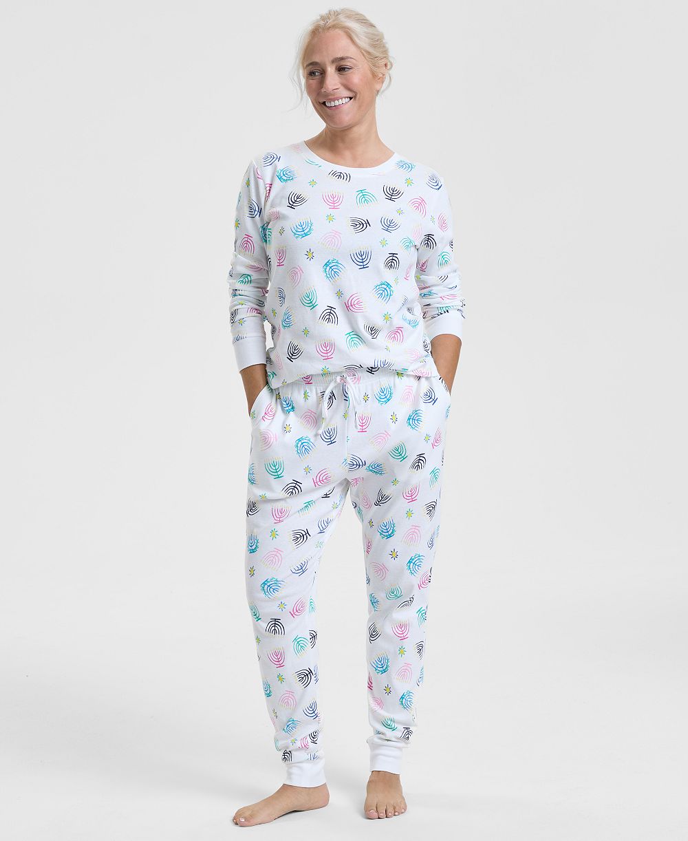 Holiday Lane Women's Multi Menorah Cotton Pajama Set, Matching Family Pajamas Created for Macy's