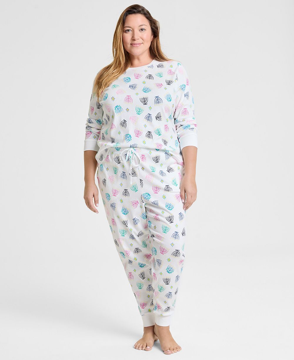 Holiday Lane Plus Size Multi Menorah Cotton Pajama Set, Matching Family Pajamas Created for Macy's