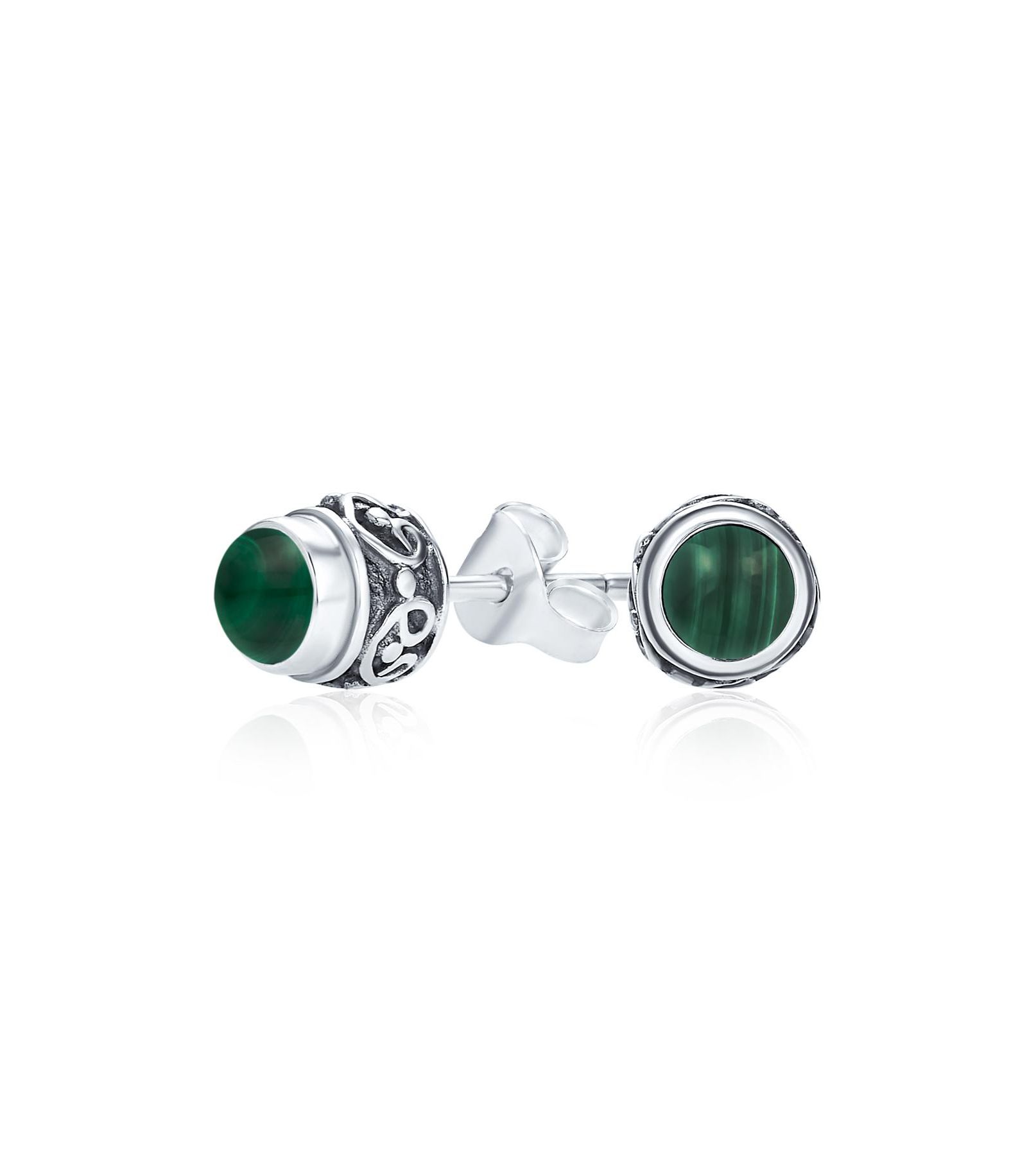 Bling Jewelry Серьги-гвоздики в балийском стиле с зеленой малахитом и CZ, окисленное серебро .925