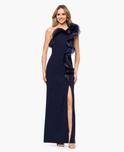 Betsy & Adam Women's Scuba Crepe Organza-Ruffle Long Dress
