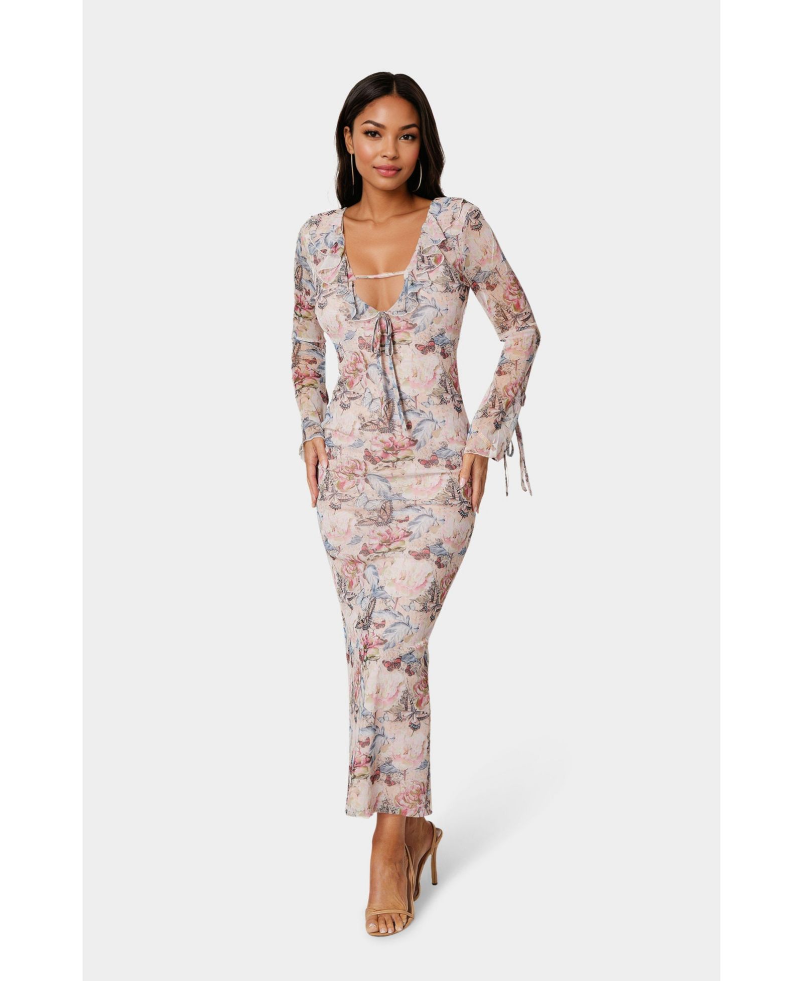 Bebe Women's Long Sleeve Ruffle Neck Maxi Dress