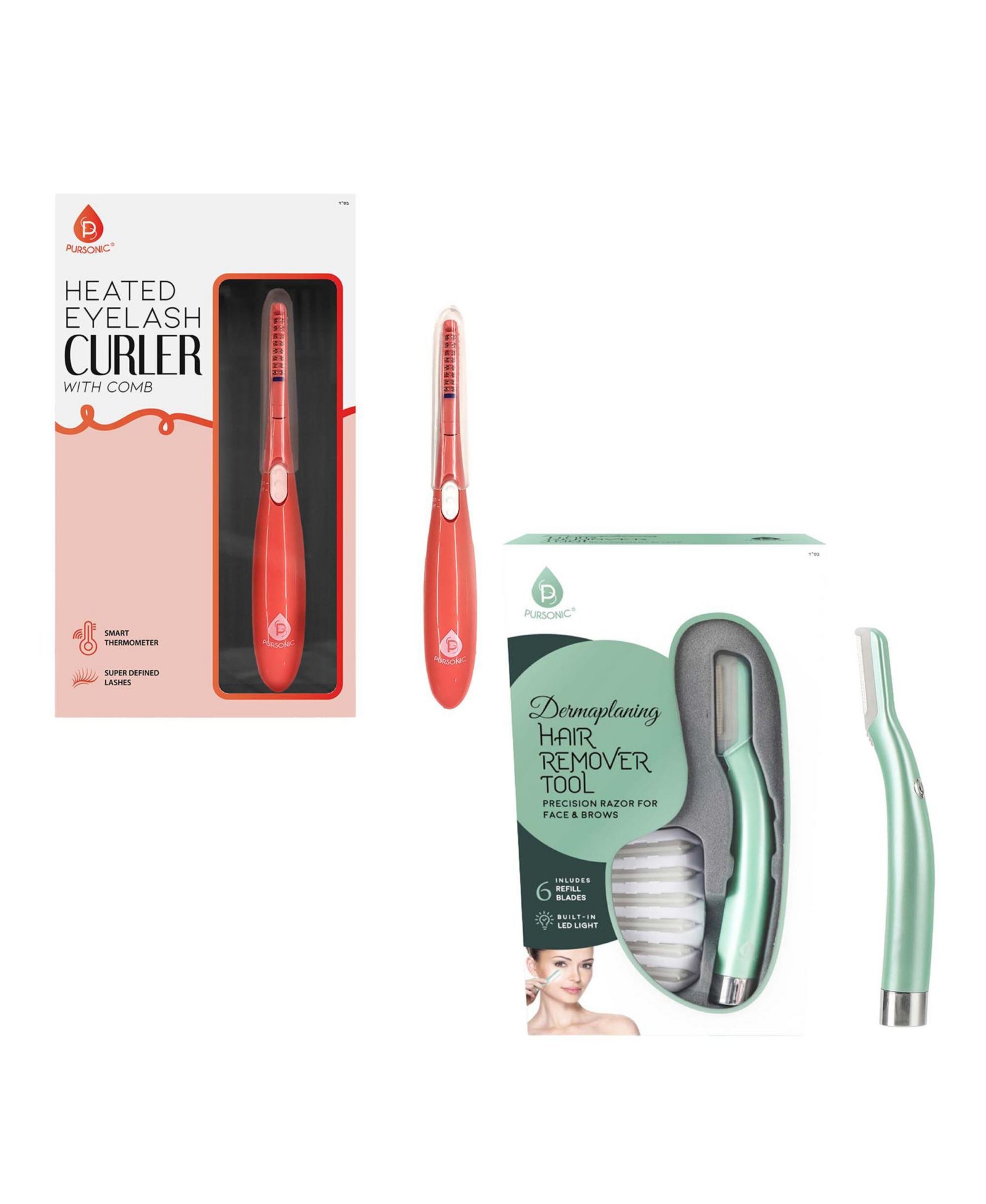 Pursonic Beauty Duo Bundle – Heated Eyelash Curler with Comb + Precision Dermaplaning Hair Remover Tool for Flawless Lashes and Smooth Skin