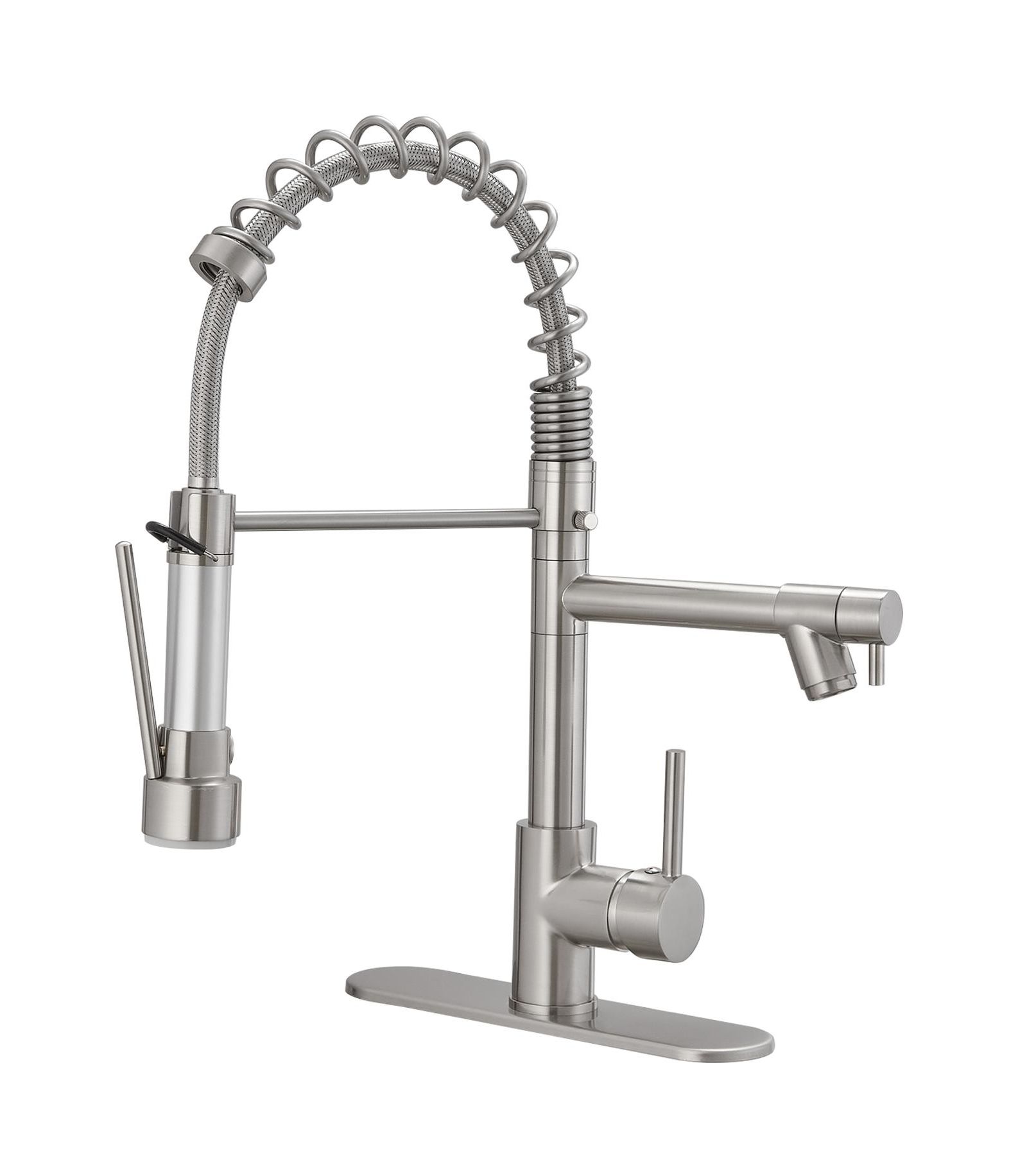 Greenspring Contemporary Single Handle Pull-Down Spring Faucet with Sprayer and Deck Plate Commercial Kitchen Faucet