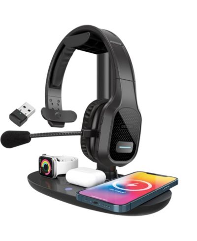 Delton Wireless Computer Headset And Qi Charging Stand, 2.4G USB Bluetooth Headphones with Microphone for PC, Laptop & 20W Charging Stand for Smartphones, Earbuds, and Smartwatches