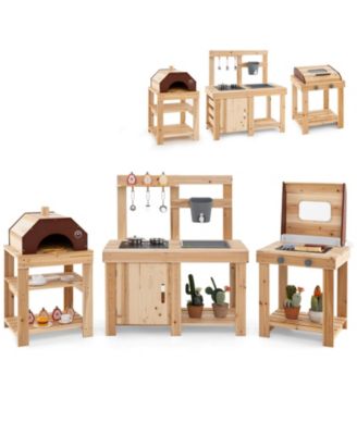Wooden Outdoor Mud Kitchen Playset with BBQ Grill, Pizza Oven and Kitchen Accessories-Light Brown